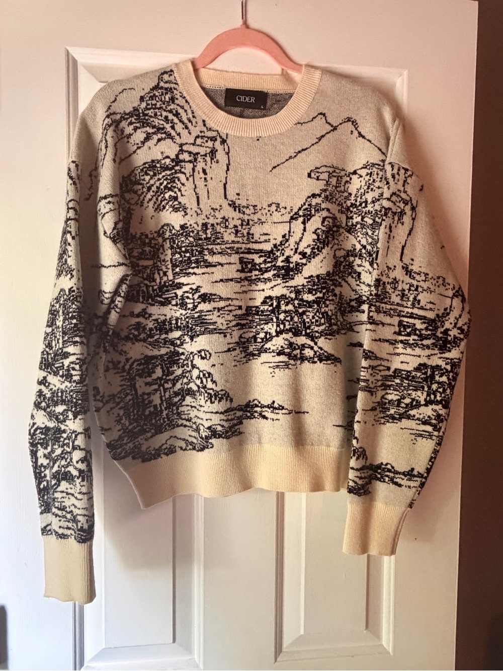 Cider Cream & Black Scenic Crewneck Sweater for Women